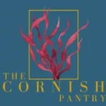 The Cornish Pantry in gold text on a dark navy background with a pink fleck of seaweed in the centre