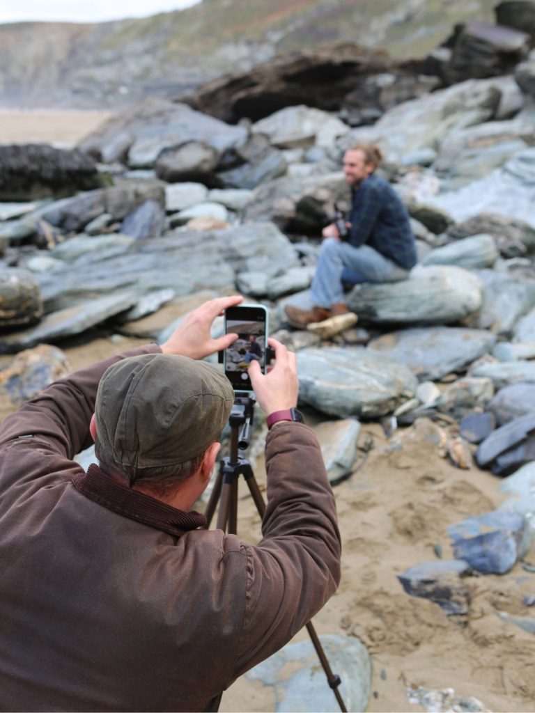 Dan Smedley filming a brand story on the Cornish coast, work with me at Bimbling Books and Beer