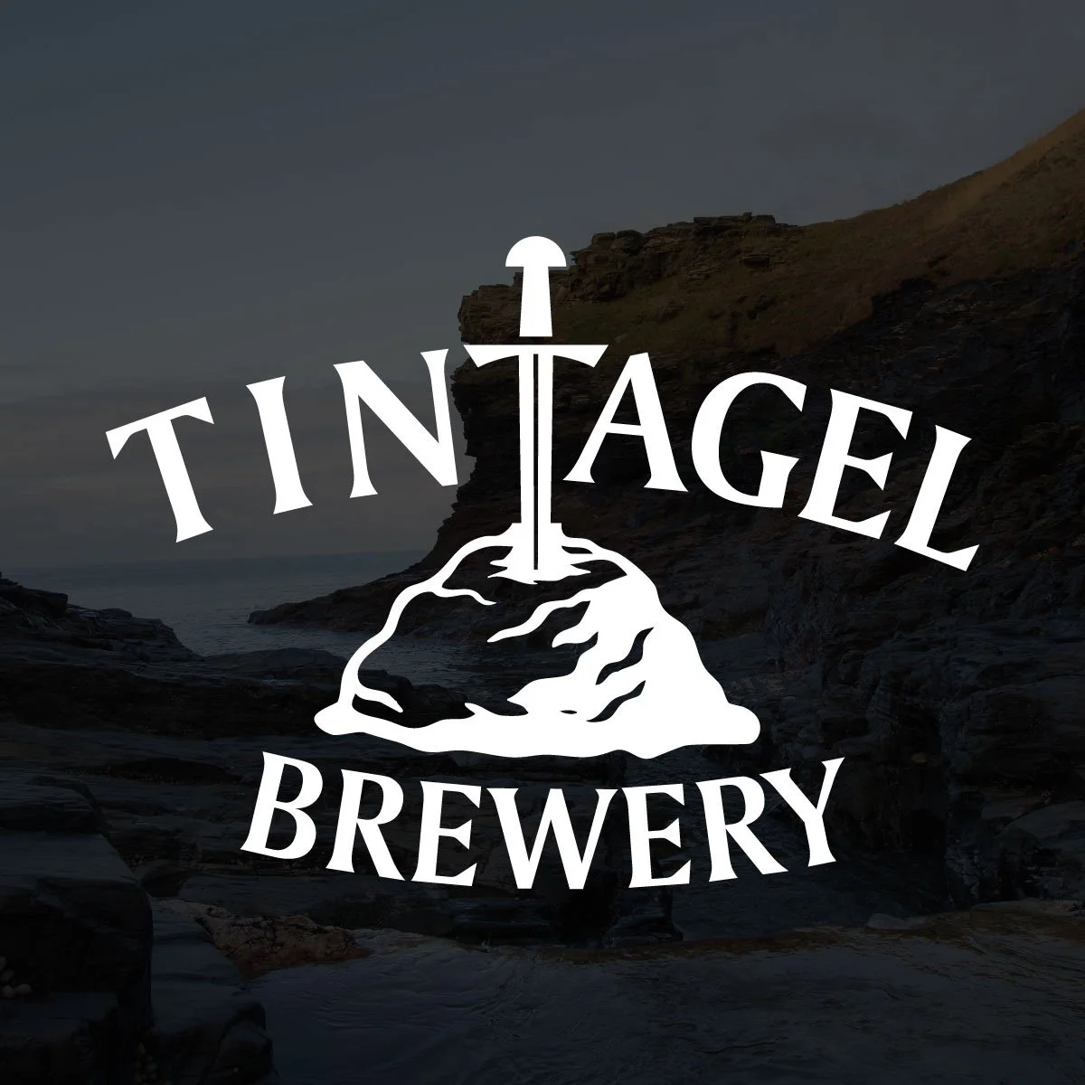 Tintagel brewery logo which is a black background with King Arthur's sword sticking out the stone