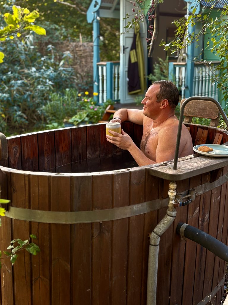 Shepherds hut stay in Cornwall with private wood-fired hot tub at Free Range Escapes near Port Isaac