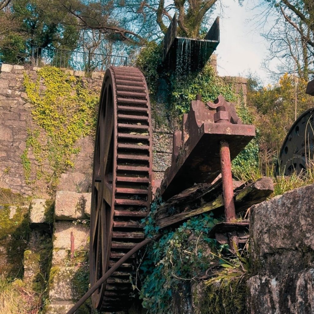 Historic industrial waterwheel and rusted mining machinery in the Luxuylan Valley, set within overgrown stone ruins in a wooded landscape.