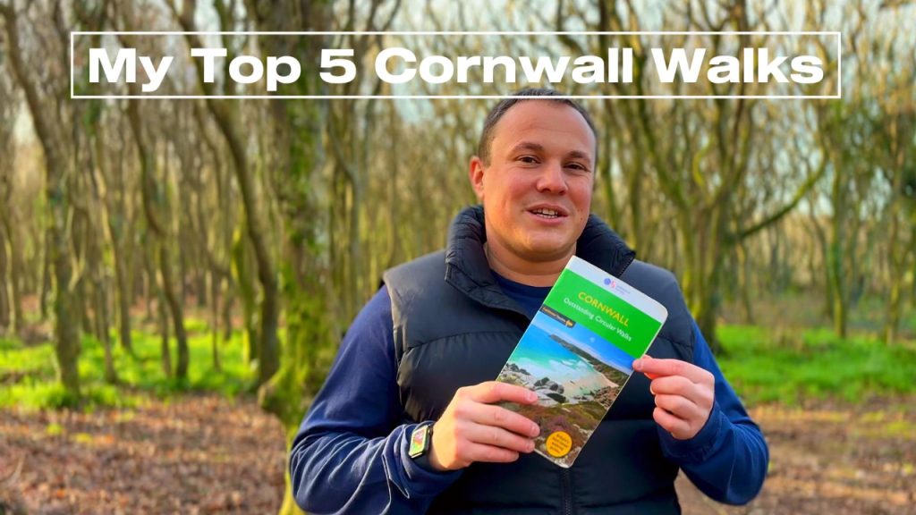 Top 5 Cornwall walks using Ordnance Survey map, hiker holding Cornwall walking guide. Completed projects.